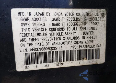 2006 Acura Tsx z USA, uszkodzony, nr VIN JH4CL96806C035116